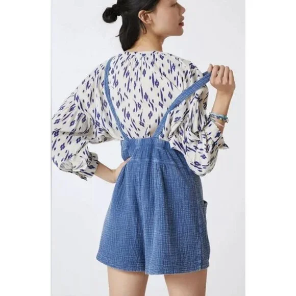 ANTHROPOLOGIE LA BIZ Maronie Relaxed Gauze Shortalls in Light Blue Medium Beachy - Picture 2 of 16